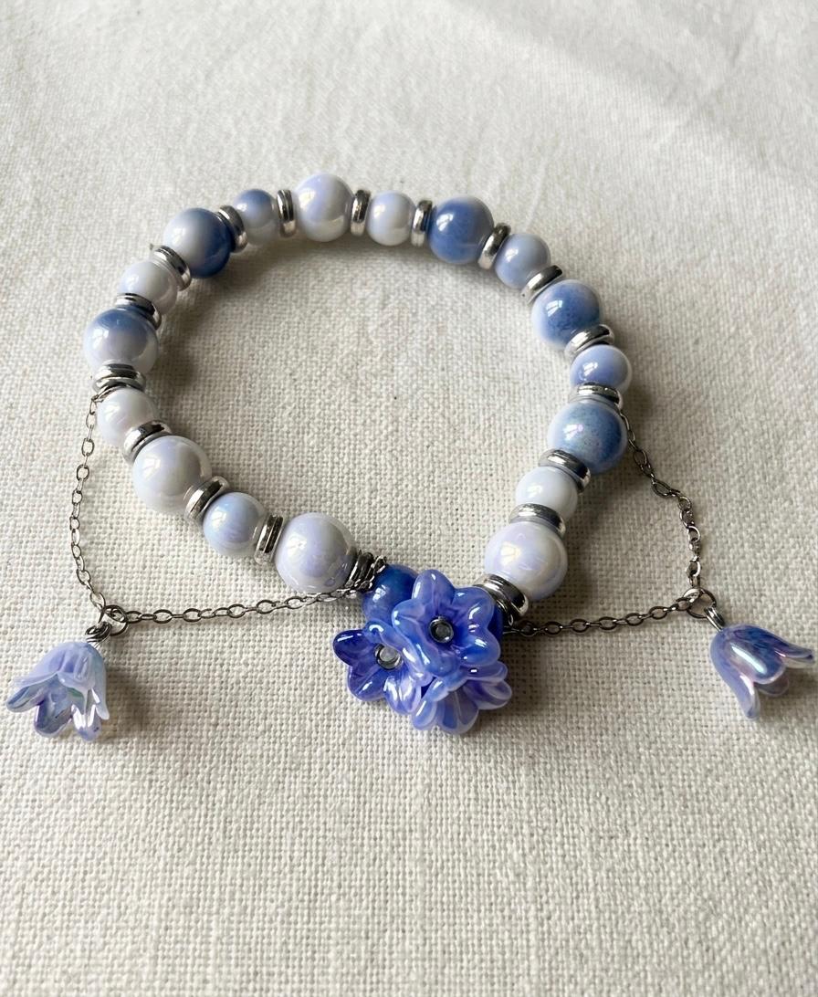 Blue Bellflower Beaded Charm Bracelet | Handmade Glass Flower Bracelet