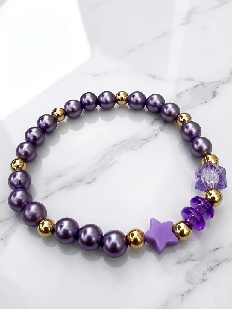 Purple Pearl Star Charm Bracelet | Handmade Gold Accent Beaded Bracelet for Women